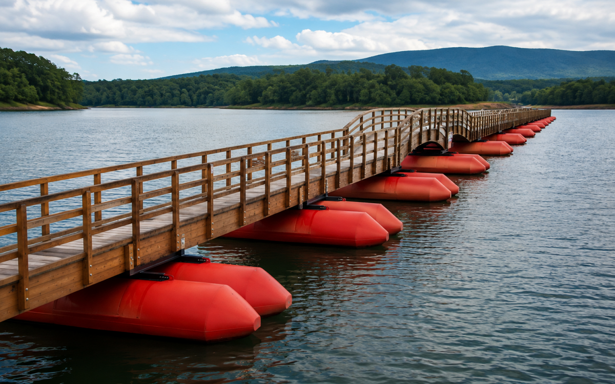 Floating bridges use watertight pontoons to support roadways through buoyancy. Their bridge engineering must control freeboard, stability, movement, and changing traffic loads.